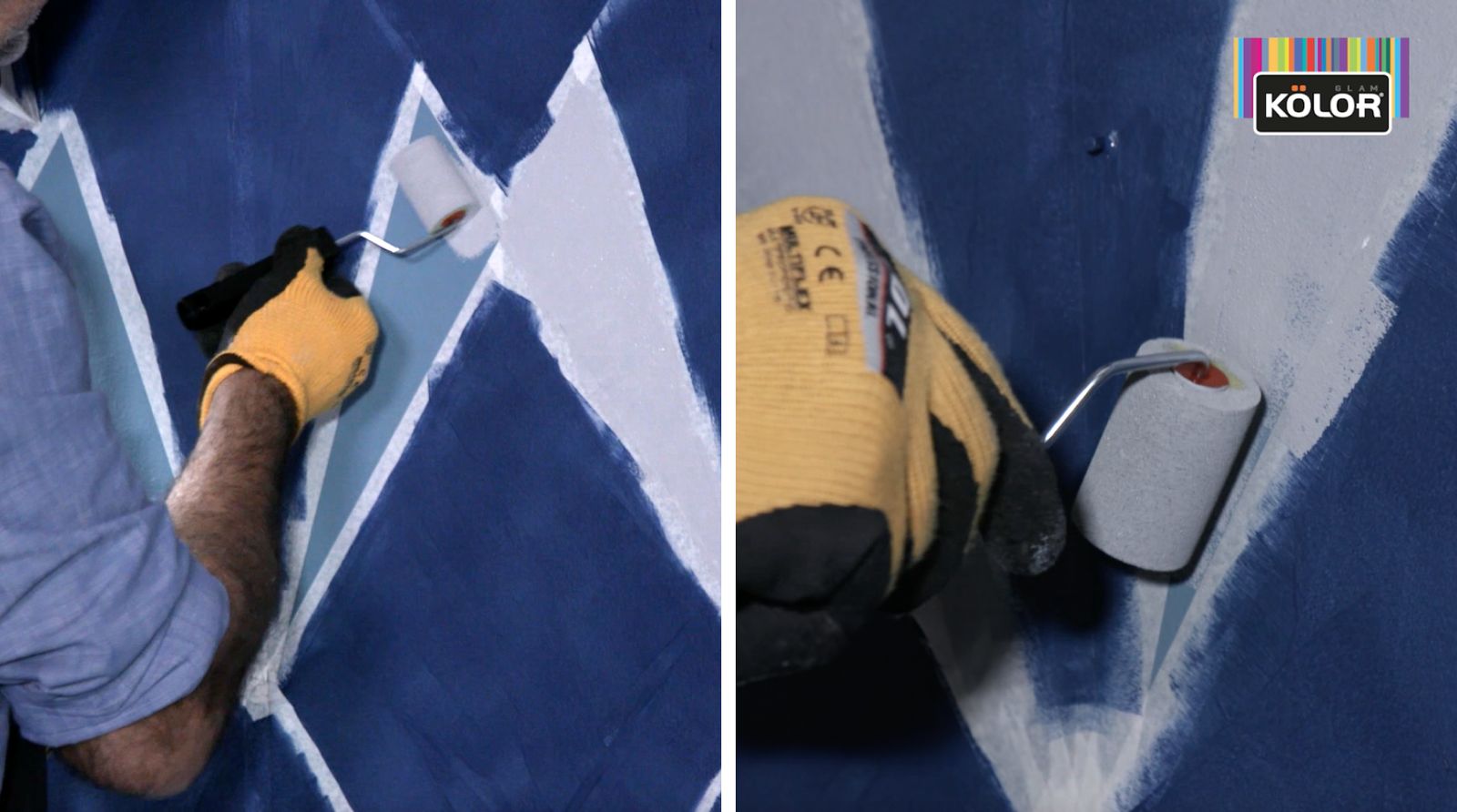 Una persona pinta parte del mural con esmalte al agua Kölor y un rodillo de esponja