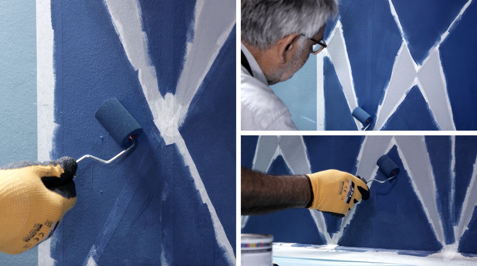 Una persona pinta la segunda mano del mural con esmalte al agua Kölor y un rodillo de esponja