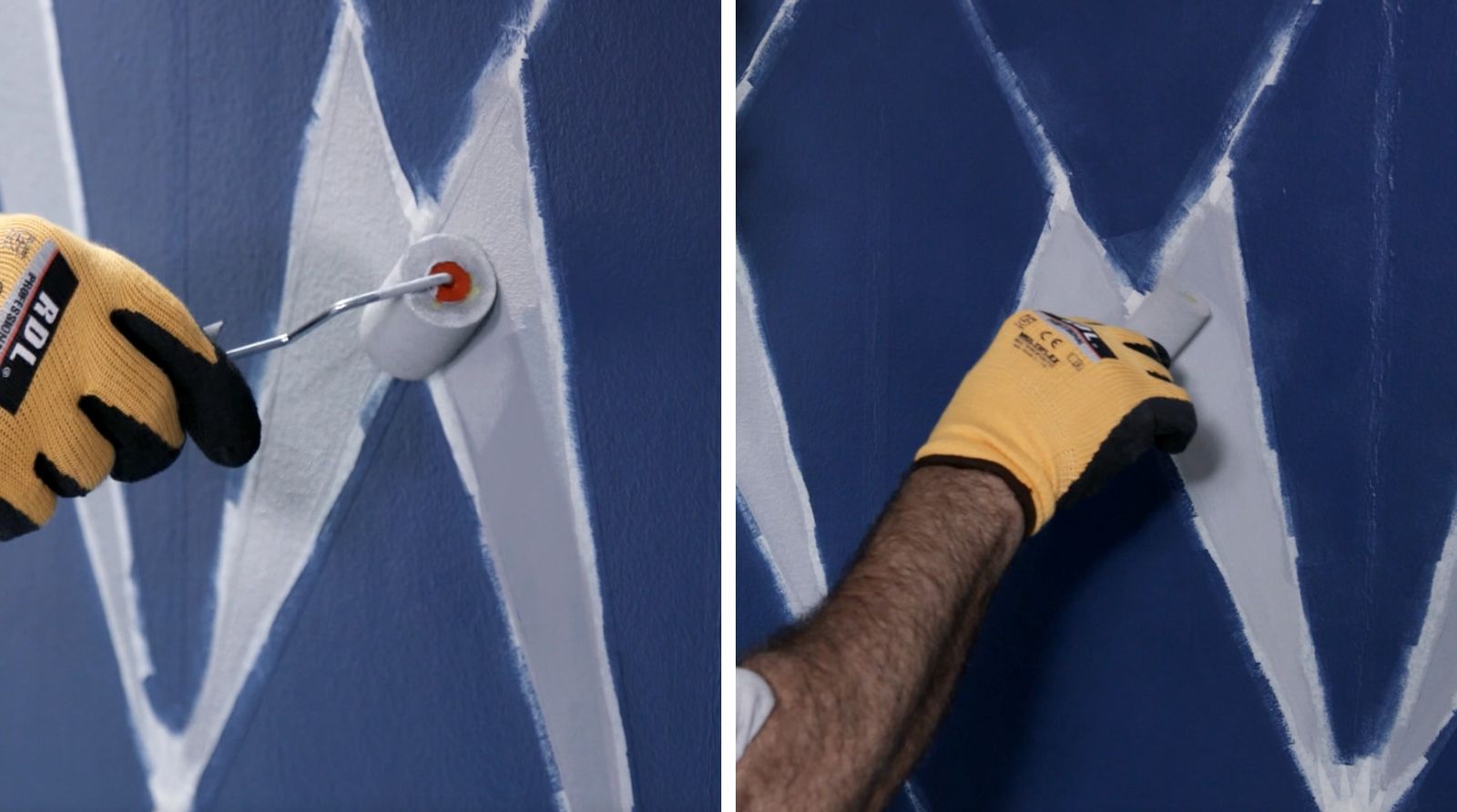 Una persona pinta la segunda mano del mural con esmalte al agua Kölor y un rodillo de esponja