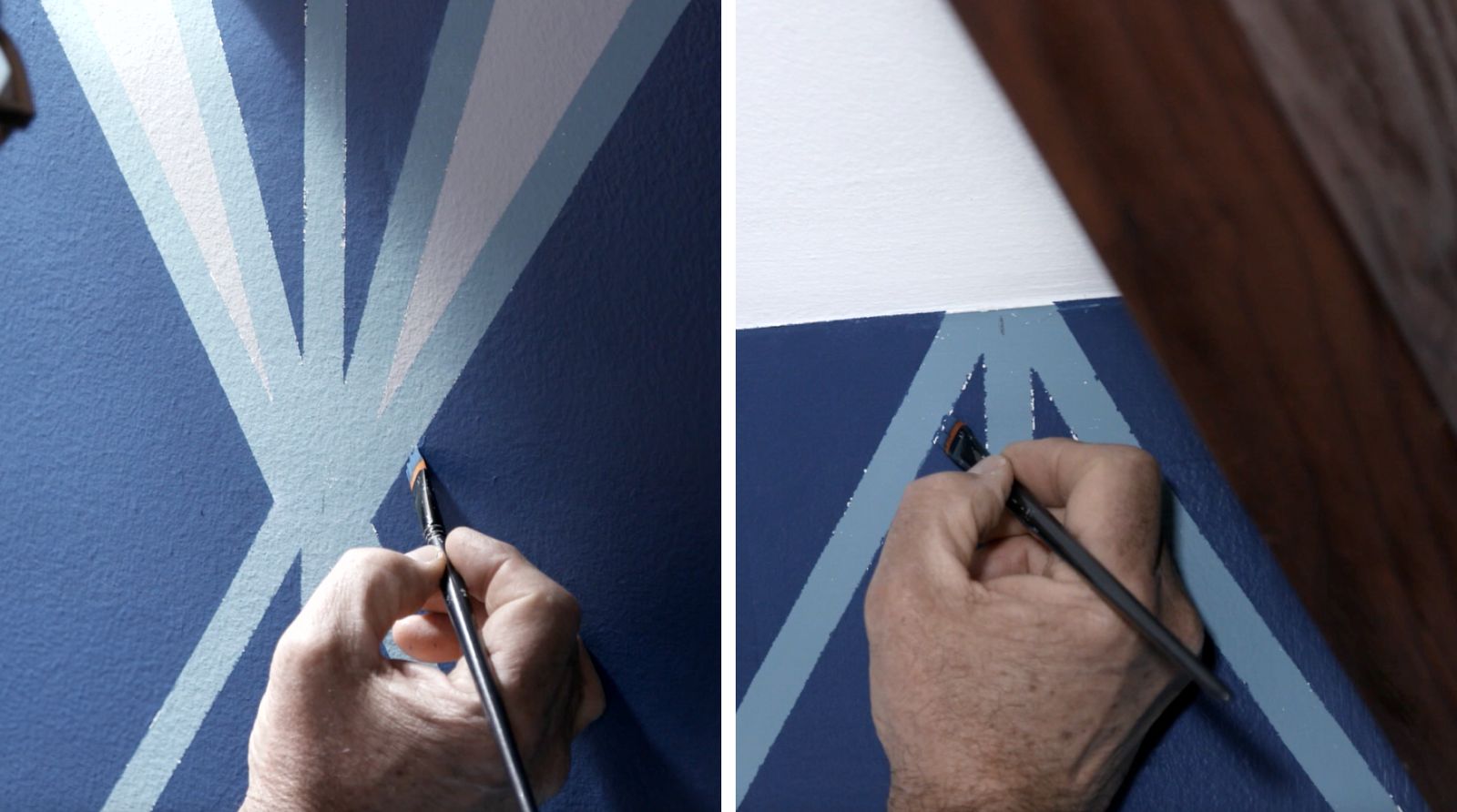 Una persona retoca con pintura y un pincel los lugares más detallados del mural decorativo