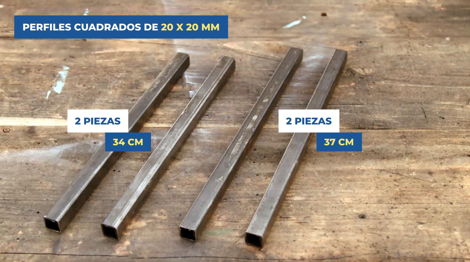 Se ven los cortes de perfil cuadrado metálico para armar la parrilla plegable