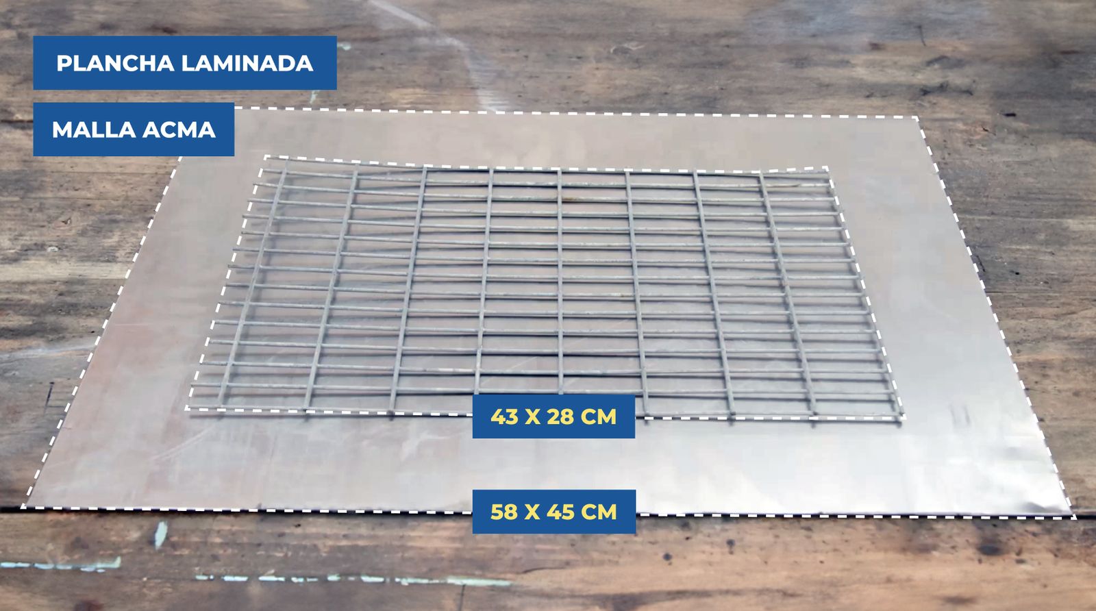 Se ve la plancha laminada y la malla acma para armar la parrilla plegable portátil
