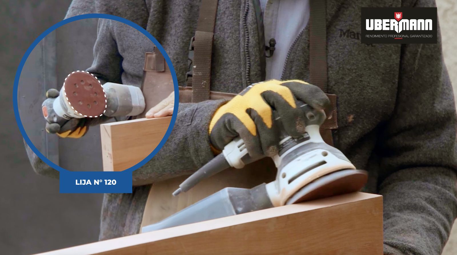 Una persona lijando la tabla de madera con lijadora orbital y lija n°120
