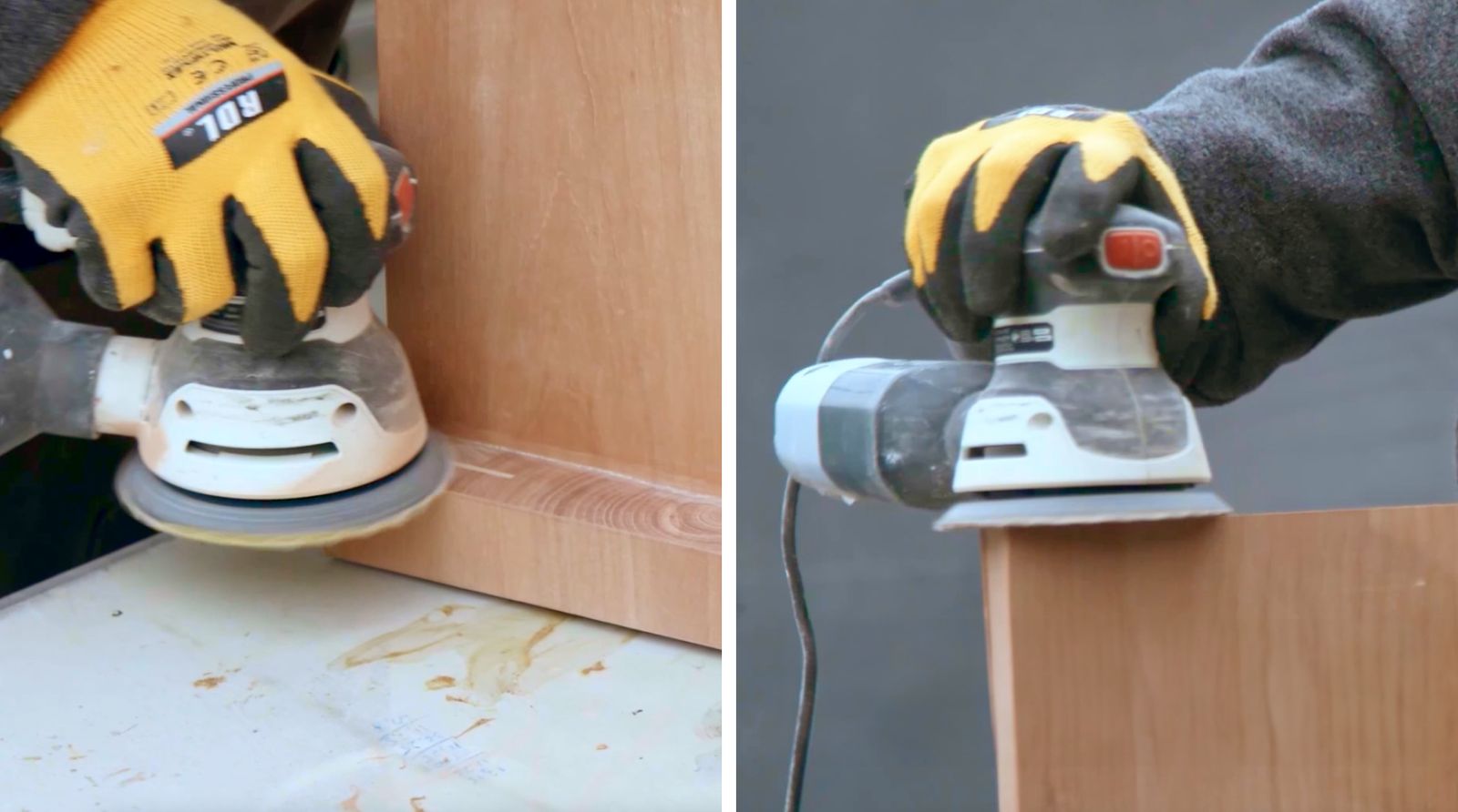 Una persona lija la tabla de madera con una lijadora orbital