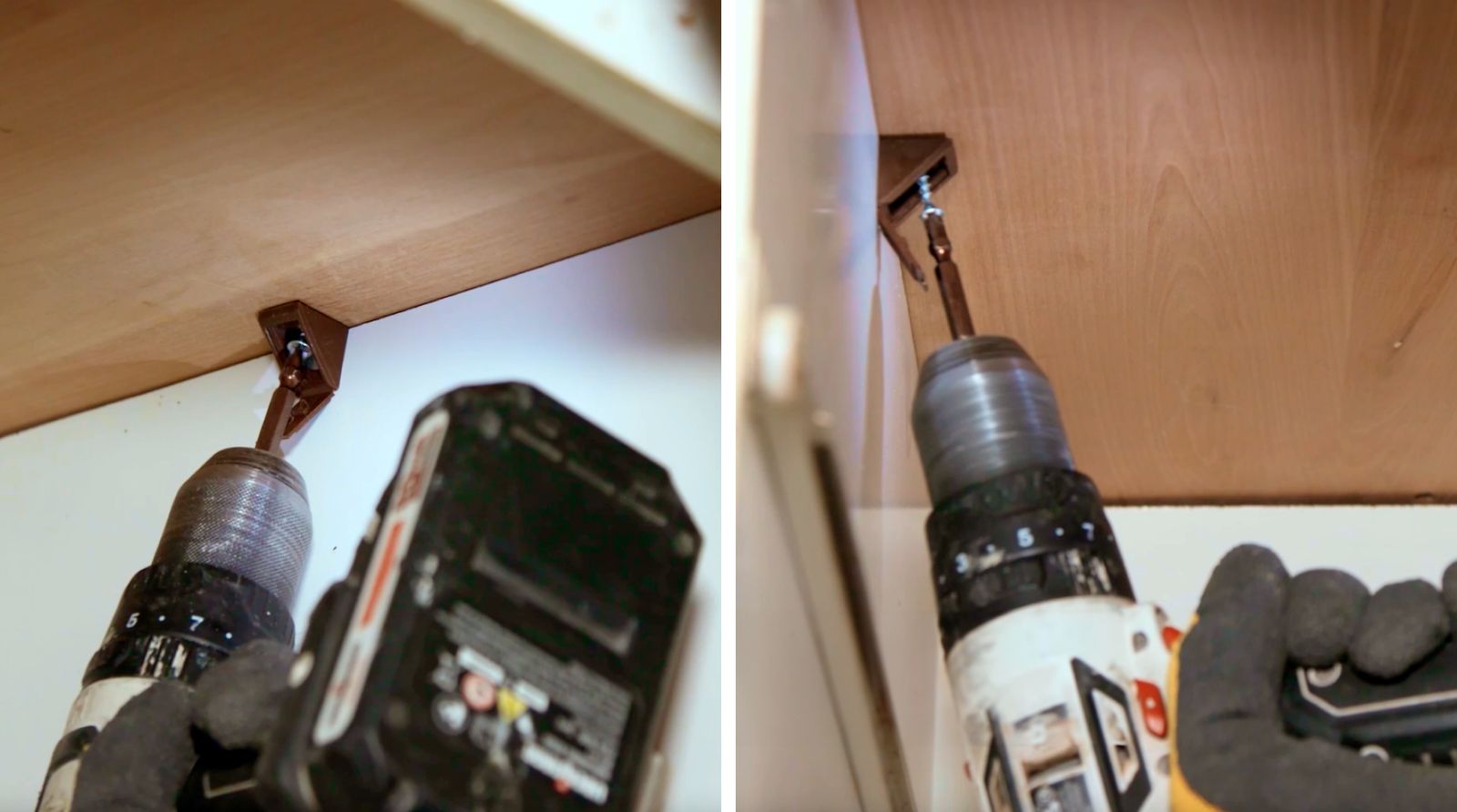 Una persona atornilla la tabla de madera a las escuadras