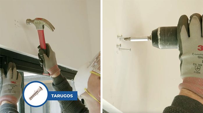 Una persona pone los tarugos y tornillos para instalar la cortina roller