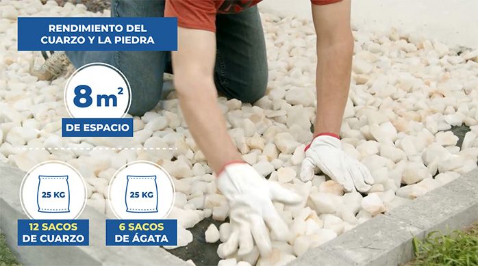 Una persona acomoda el cuarzo en el suelo del jardín japonés. Se muestra el rendimiento de los sacos de piedra.
