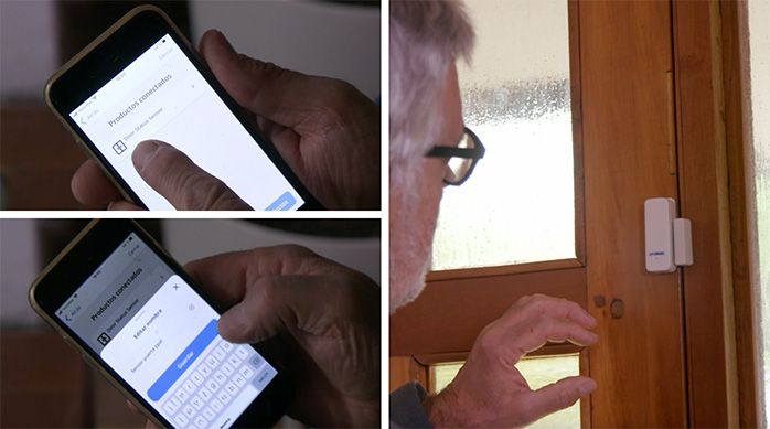 Se ve el sensor de puerta instalado y sincronizado con el smartphone