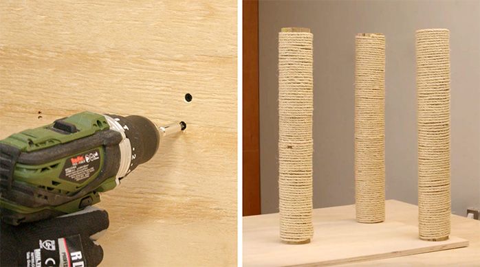 Una persona fija las partes del rascador para gatos con tornillos 2