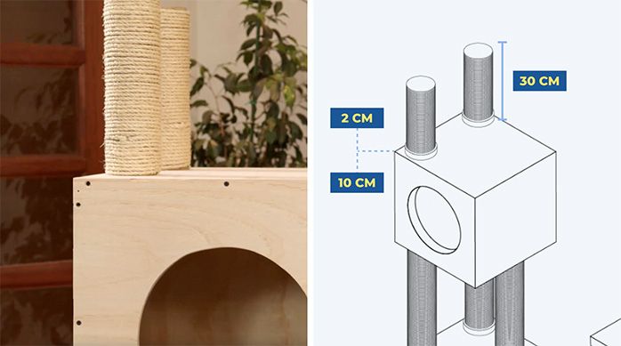 Se ven los rascadores de 30 cm instalados sobre la casa para gato