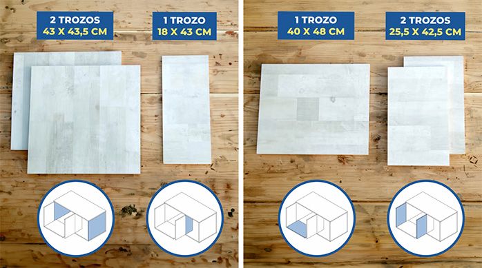 trozos de melamina para hacer el mueble arenero para gatos