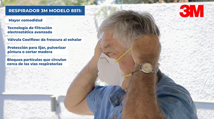 un hombre muestra cómo se pone el respirador 3M modelo 8511