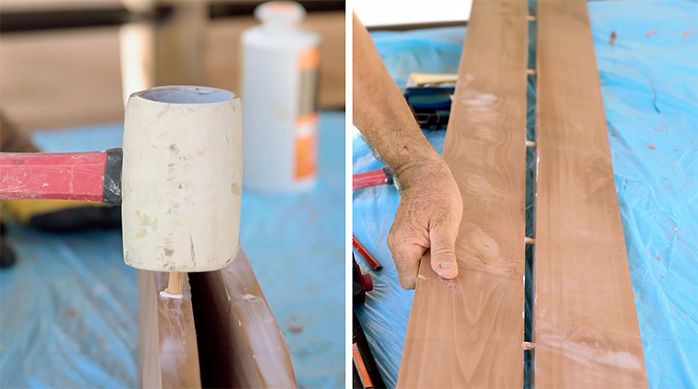 un hombre pone los tarugos de madera para unir dos trozos de madera
