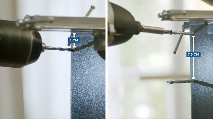 Una persona fija la unión de las melaminas con tornillos y desatornillador eléctrico