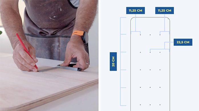 un hombre marca un patrón de perforaciones en las planchas de terciado marino para hacer un separador de ambientes plegable