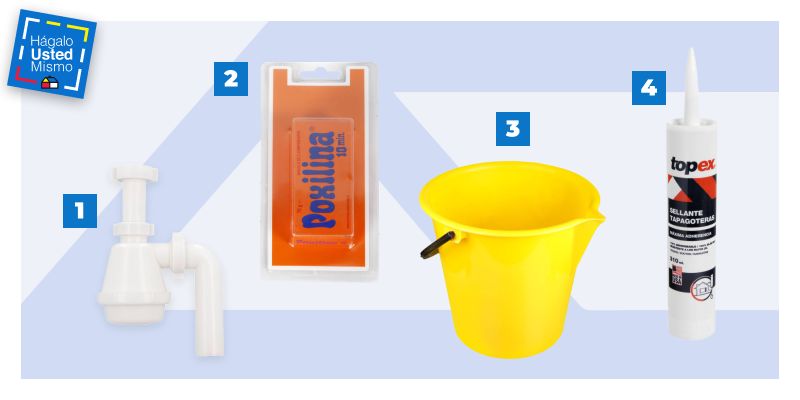 sifón para lavaplatos, masilla poxilina, balde amarillo de plástico y sellante tapagoteras para reparar el sifón de un lavaplatos de cocina que gotea