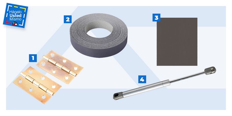 bisagras, tapacanto encolado, melamina y pistón para construir un escritorio plegable de pared