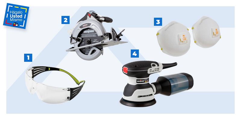 lentes de protección, sierra circular, lijadora roto orbital y mascarilla para construir un escritorio home office