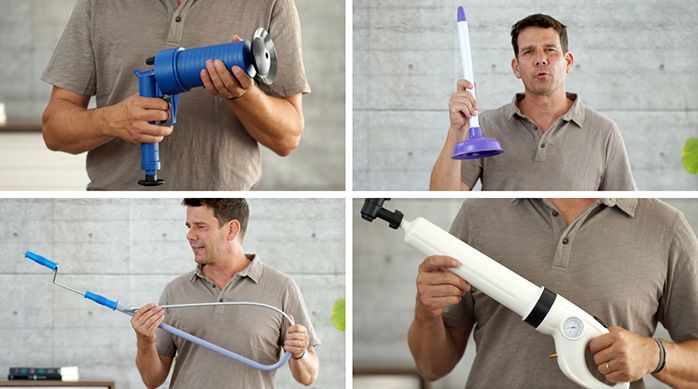 un destapador drain blaster, un sopapo clásico, una sonda destapadora y un destapador de presión para destapar un inodoro o wc