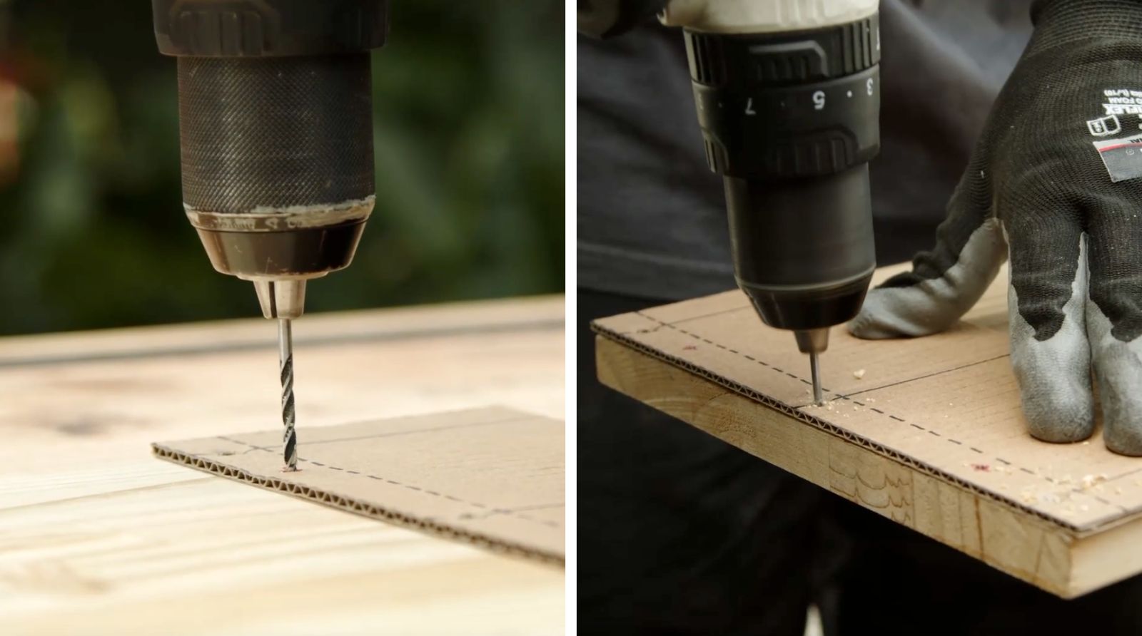 una persona perfora un trozo de madera laminada con una broca y una plantilla