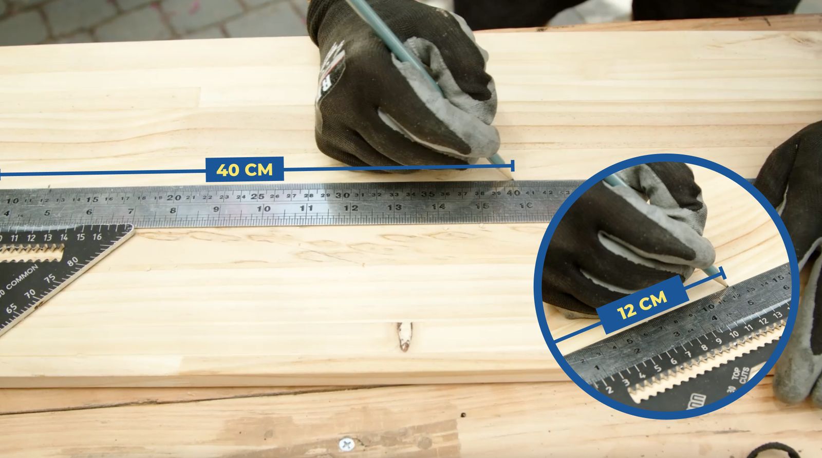 una persona marca 12 y 40 cm en un trozo de madera laminada con un lápiz y una regla metálica