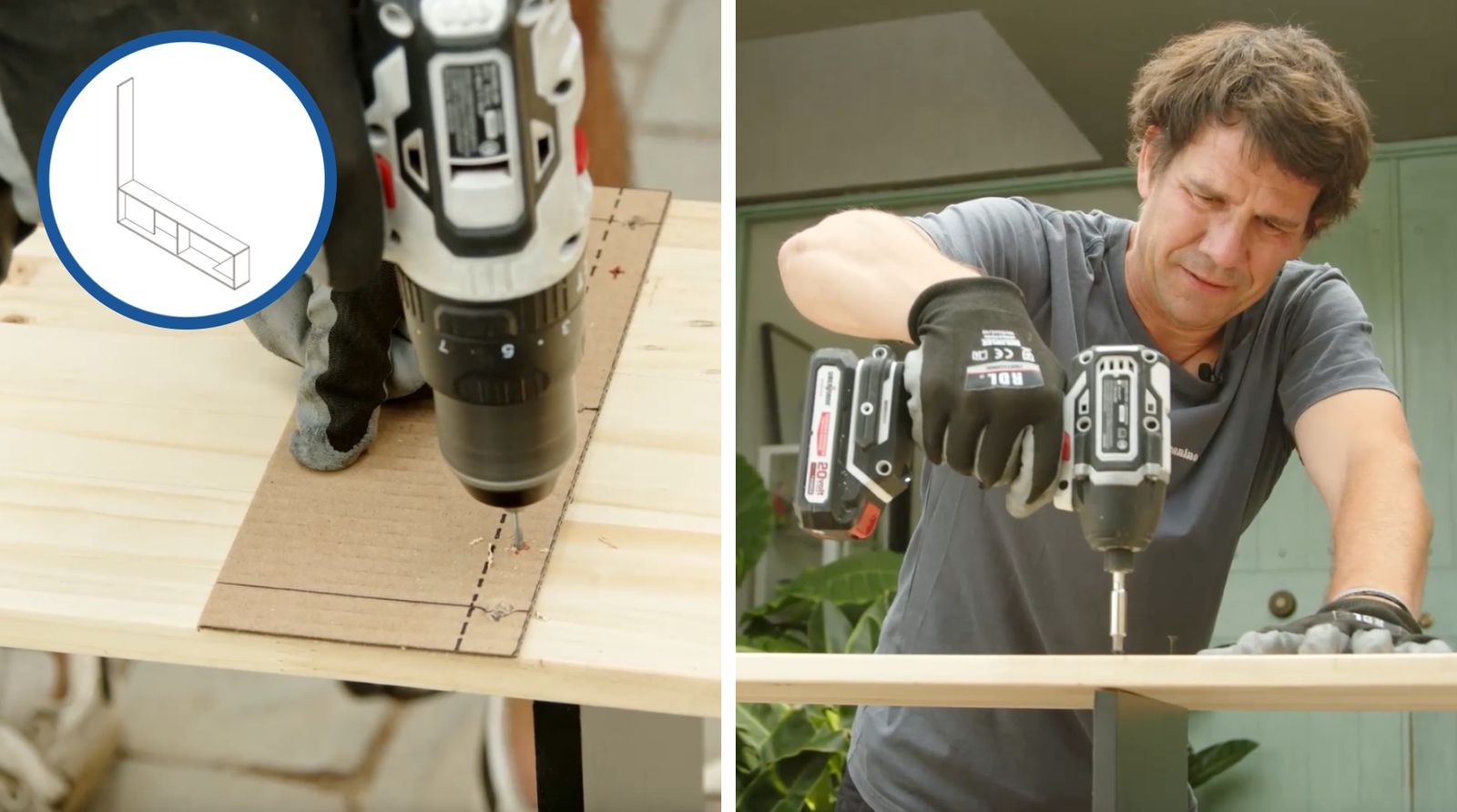 un hombre fija un trozo de madera laminada para cerrar el primer nivel del estante para libros