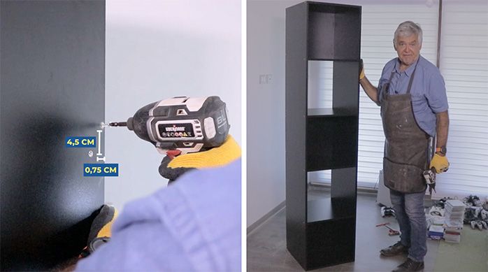 un hombre fija el fondo del mueble gamer y luego lo muestra terminado