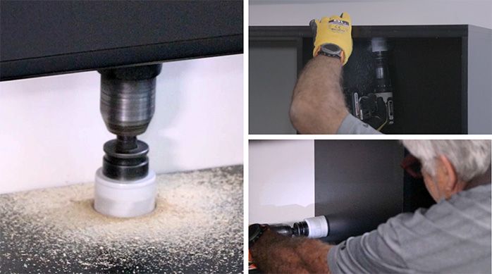 un hombre hace perforaciones en el mueble gamer horizontal con una copa broca