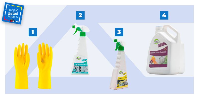 guantes para aseo, limpiadores multiuso y limpiador para cerámicas y porcelanato para renovar una cocina con limpieza