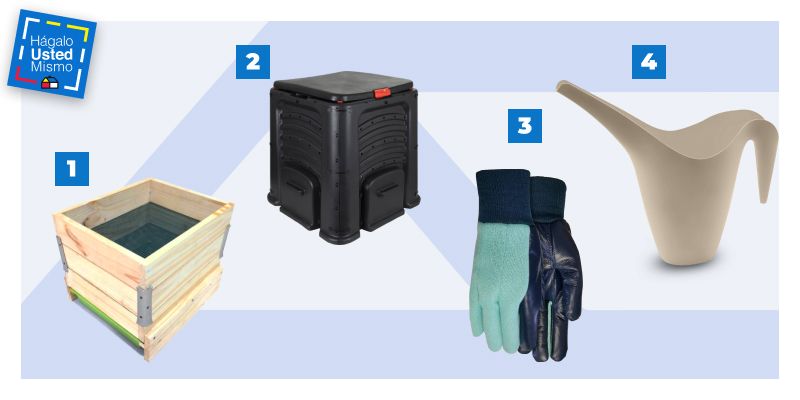 compostera de madera, compostera de plástico, guantes de trabajo y regadera para aprender cómo hacer compost en casa