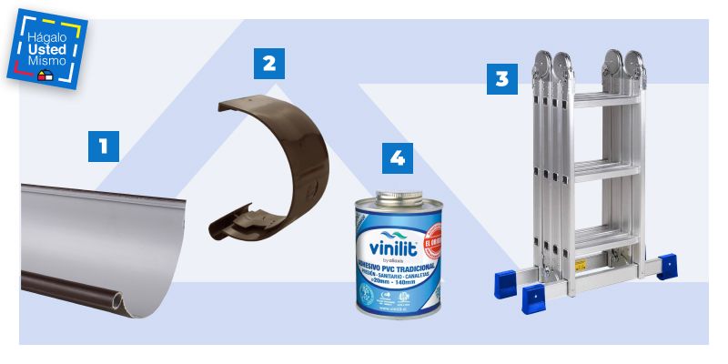 canaleta de pvc, soporte para canaletas de pvc, adhesivo para pvc vinilit y escalera metálica para instalar y reparar canaletas