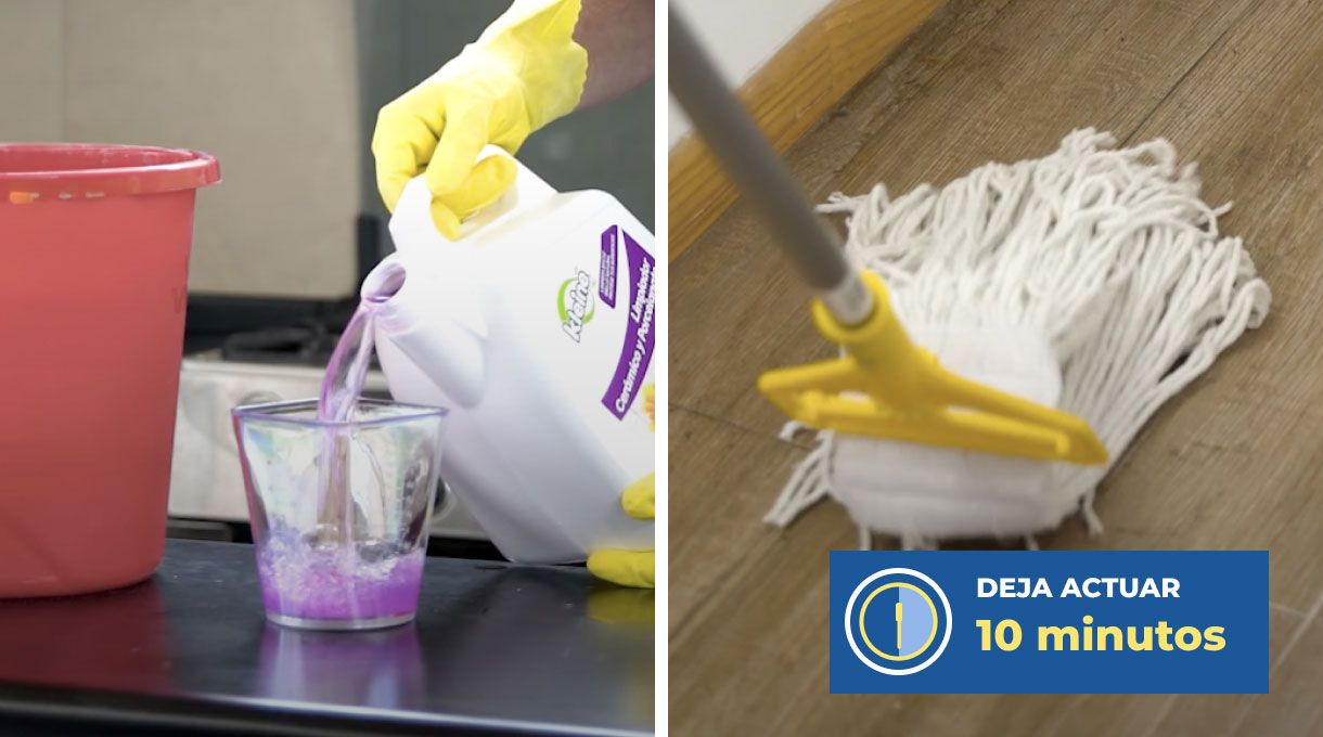 un hombre pone un limpiador especial para cerámica y porcelanato en un recipiente y limpia con una mopa el suelo de una cocina