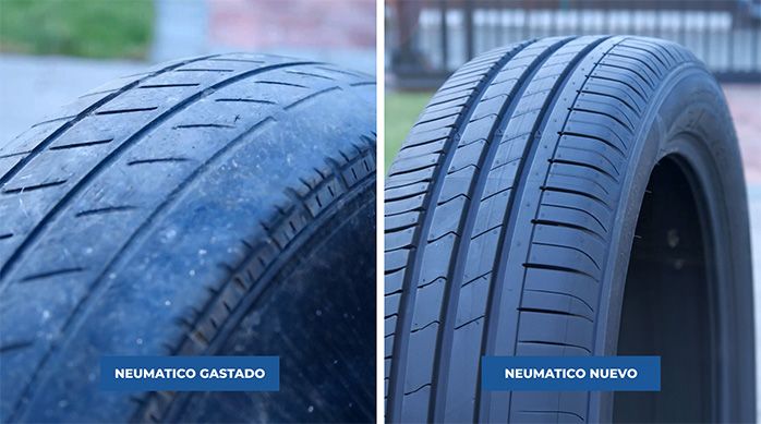 un neumático gastado comparado con un neumático nuevo