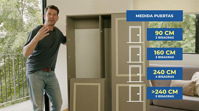 un hombre frente al mueble organizador explica cuántas bisagras necesita una puerta de melamina de acuerdo a su altura
