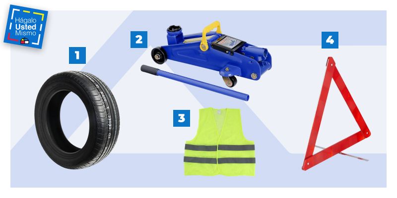 neumático, gata caimán, chaleco reflectante y triángulo reflectante para cambiar los neumáticos de un auto