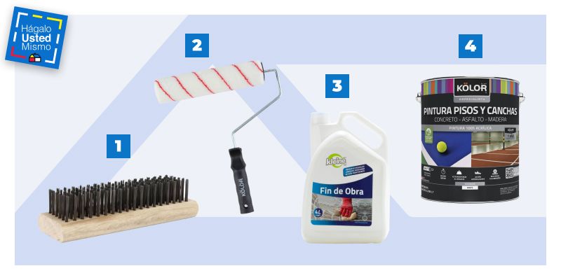 escobilla de acero templado, rodillo cortagota, limpiador para fin de obra y pintura acrílica para pisos, materiales para pintar un piso de cemento