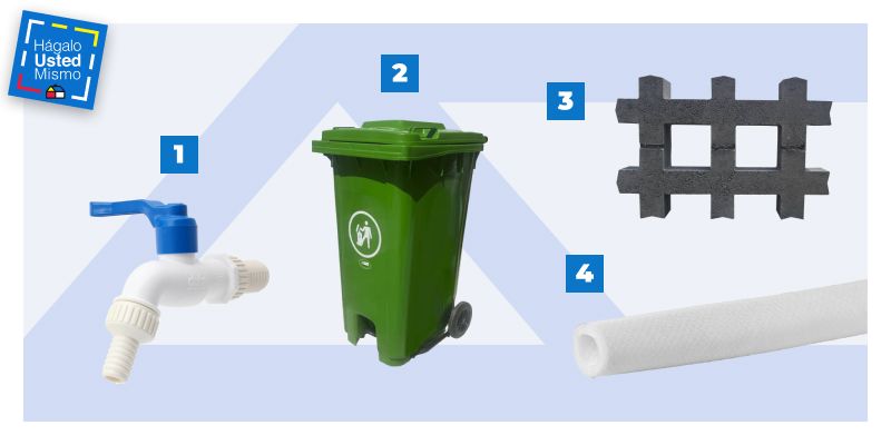 llave de jardín, basurero de 240 litros, adocésped y malla mosquitera para construir un recolector de aguas lluvias