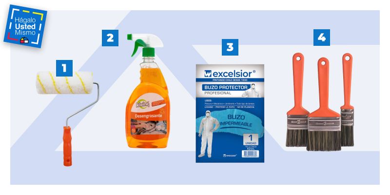 rodillo cortagota, desengrasante, buzo impermeable y set de brocas para pintar un baño de visitas