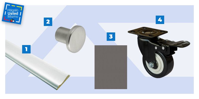 moldura pilastra, perilla o tirador, melamina de 15 mm y ruedas con freno para construir un mueble organizador de limpieza