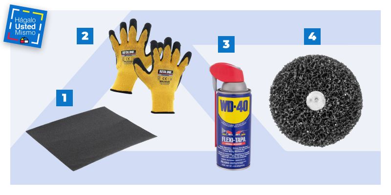 lija para metales, guantes de trabajo, wd-40 y un disco removedor de pintura y óxido para quitar el óxido de herramientas oxidadas