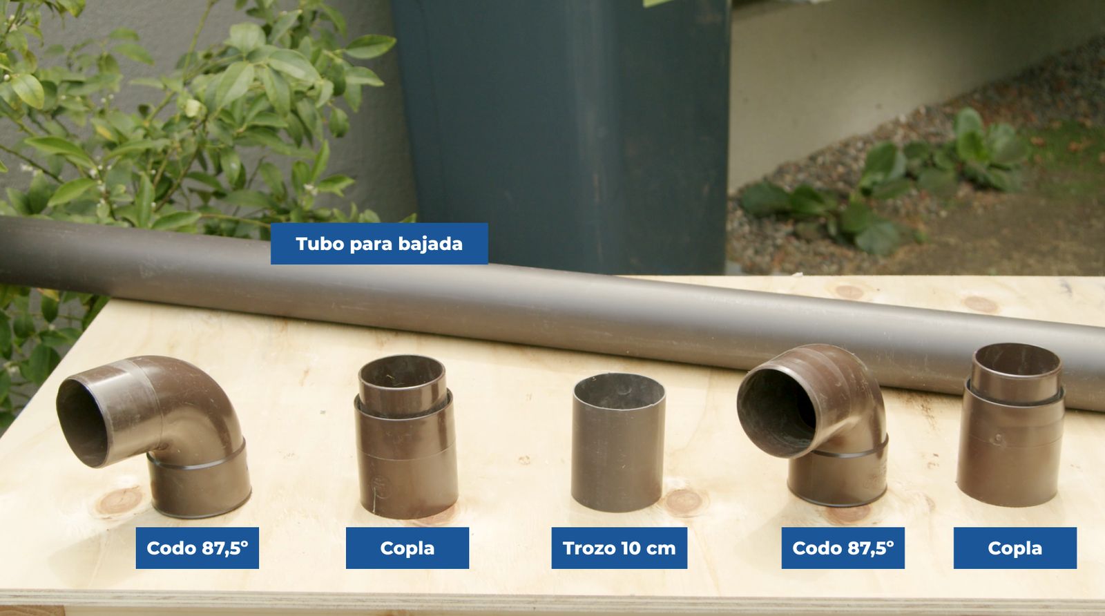 bajada de agua, codos en 87,5° y coplas para formar la bajada de agua hasta el recolector de aguas lluvias