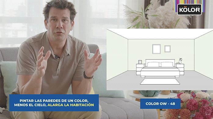 un hombre sentado explicando una gráfica en donde aparece una pieza con las paredes pintadas de un color y el cielo sin pintar, para alargar la habitación