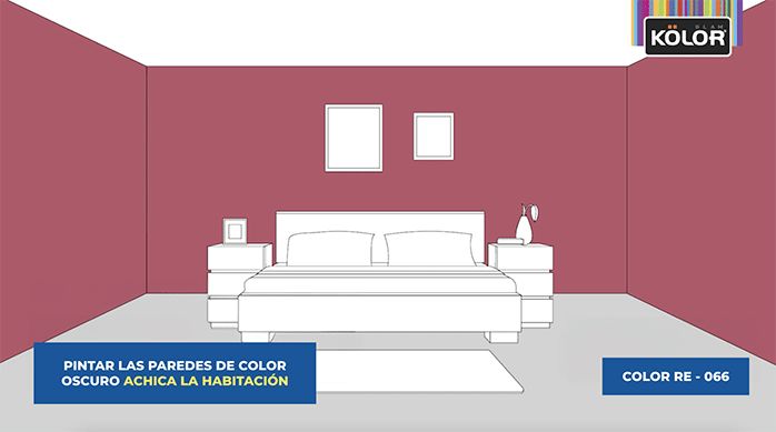 una gráfica que muestra una pieza con las paredes pintadas de color oscuro, lo que provoca que la habitación se vea más pequeña