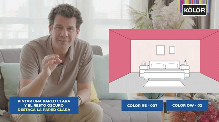 un hombre sentado explica una gráfica en donde se muestra una pieza con una pared pintada en color claro y el resto pintado con color oscuro, lo cual destaca la pared clara.