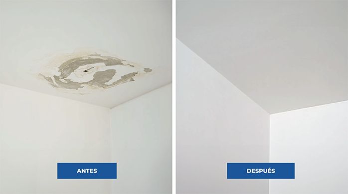el antes y el después de un cielo raso afectado por la humedad y reparado paso a paso