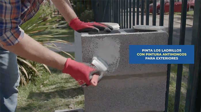 un hombre pinta la estructura de ladrillos de concreto con una pintura antihongos para exteriores