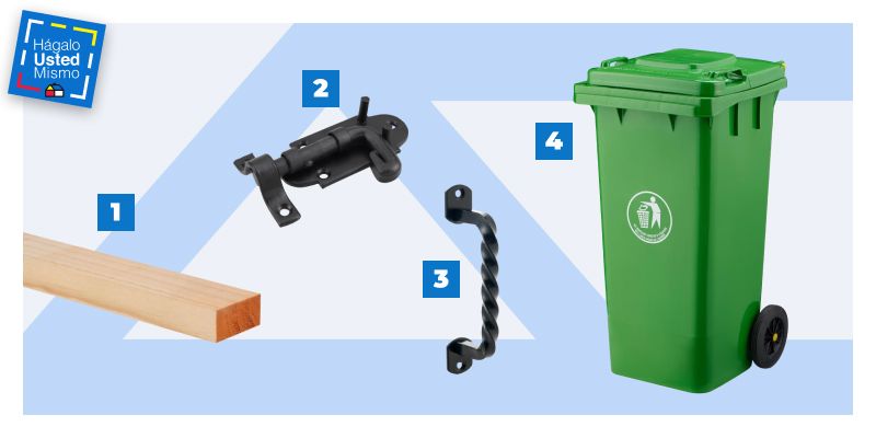 pino seco cepillado, picaporte, manilla y contenedor de basura para construir un lugar de almacenamiento para basura en exterior.