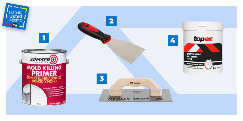 primer eliminador moho, espátula, llana y pasta muro para reparar un cielo raso con humedad