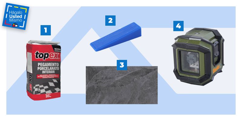 pegamento para porcelanato interior topex, cuña niveladora, porcelanato para piso de gran formato y nivel láser para instalar porcelanato en el piso de un comedor.