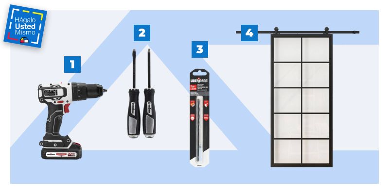 Taladro, desatornillador manual, broca para concreto y una puerta corredera interior para enseñar a cómo instalar una puerta corredera